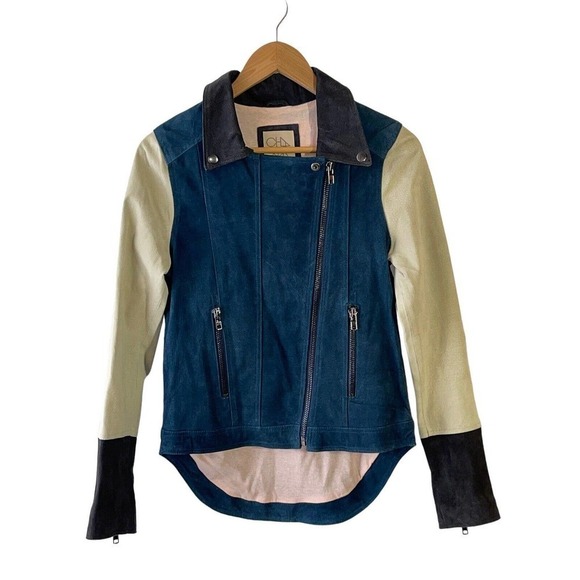 CHASER Size XS Color Block Moto Zip 100% Suede Leather Jacket - Rare - Picture 1 of 6